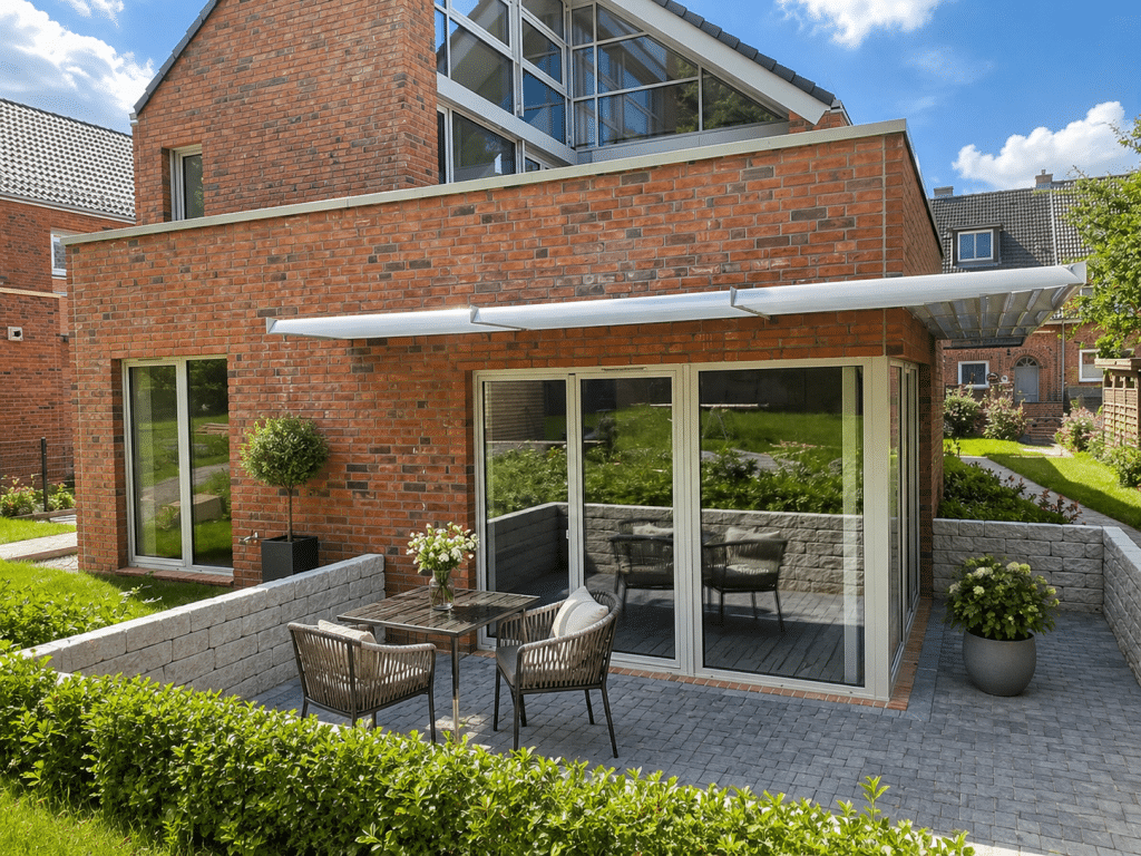 großzügige, l-förmige Terrasse mit Gartenblick